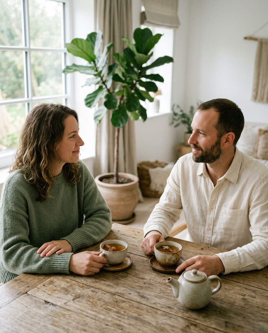 Two people talking gently over tea in a sunlit room