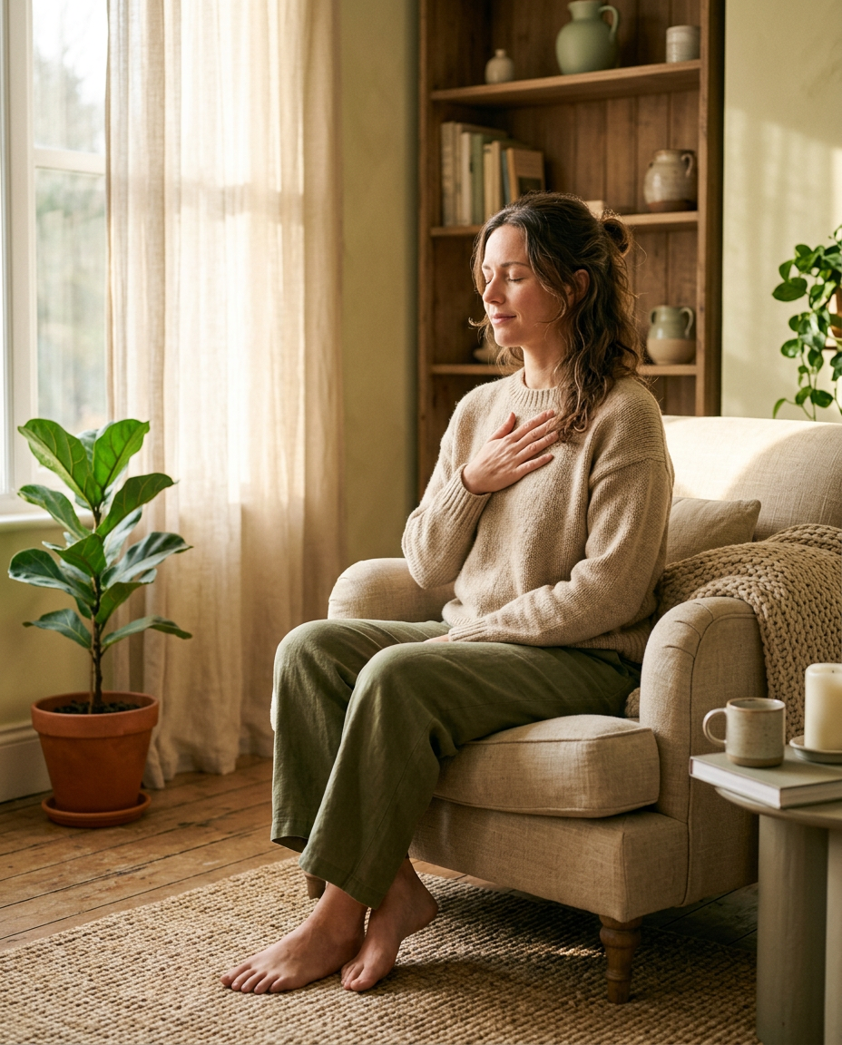 A woman resting quietly with her hand over her heart in warm light