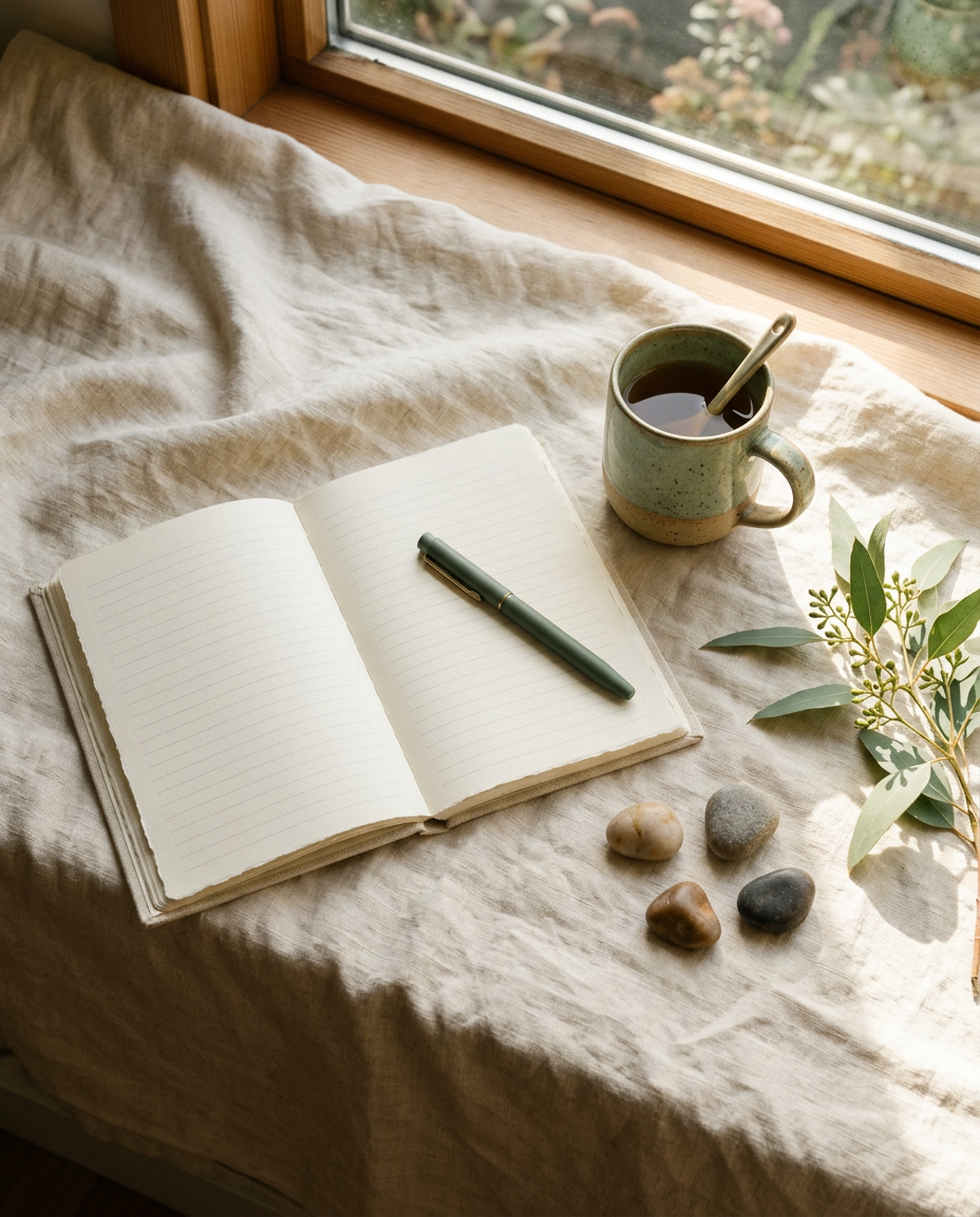 An open journal, pen and warm mug resting on soft linen by a window